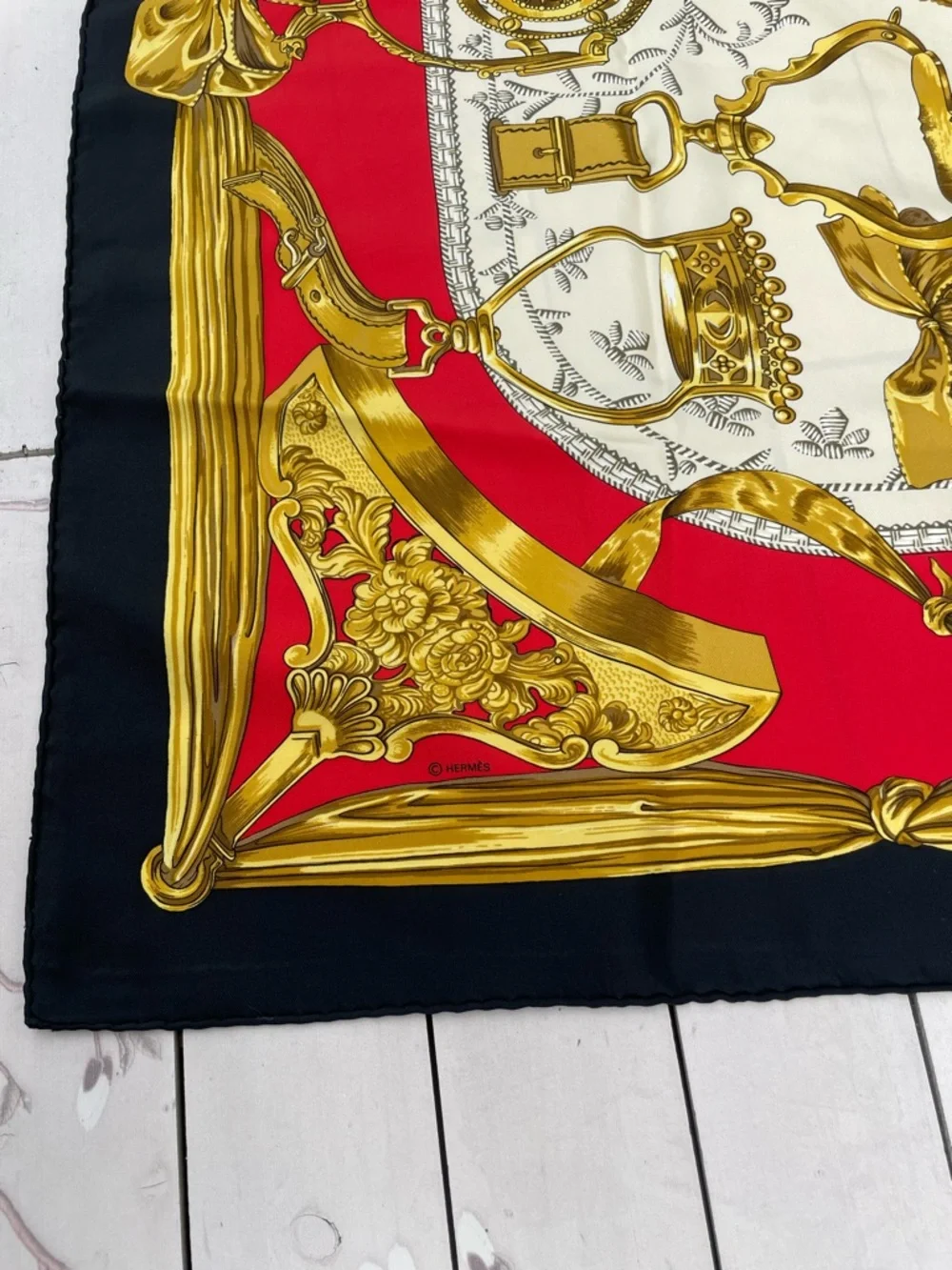 Hermes Red Black Cream Silk Scarf with Gold Equestrian Motifs - Picture 6 of 13